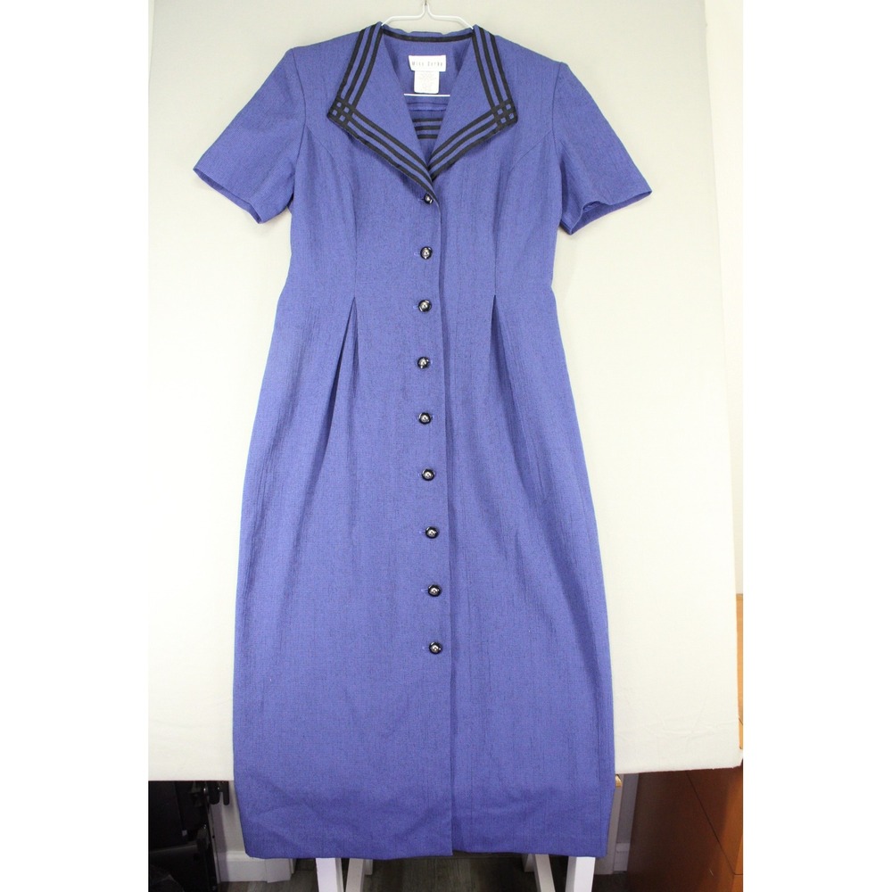 Miss Dorby Vtg Blue Sailor Collar Button Cottagecore Dress Womens 10 Houndstooth